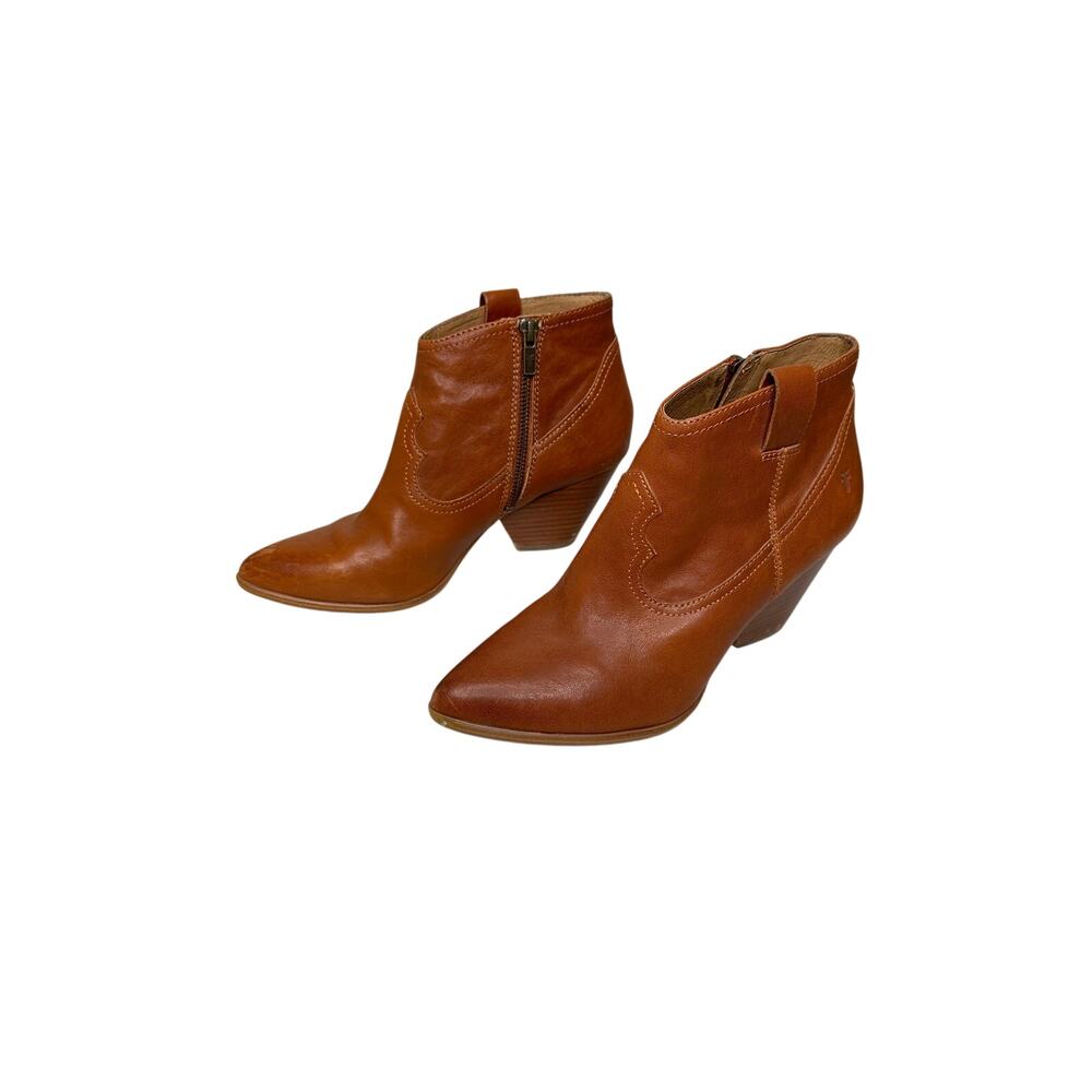 FRYE Reina Western Ankle Booties Cognac Leather‎ Zip 3479257 Women's Size 9